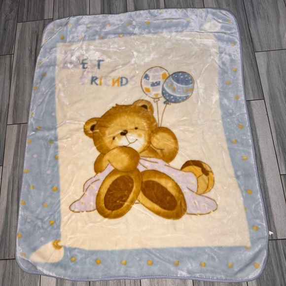 Vintage Bear & Ballon Best Friends Baby Blanket Soft Plush Blue & White